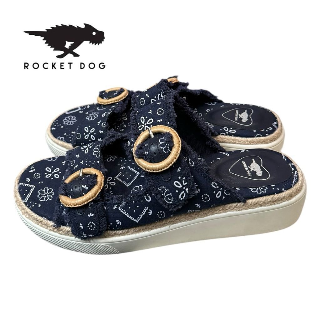 Rocket Dog Women's Favor Bandana Navy Blue Cotton Wedge Platform Sandals 8.5